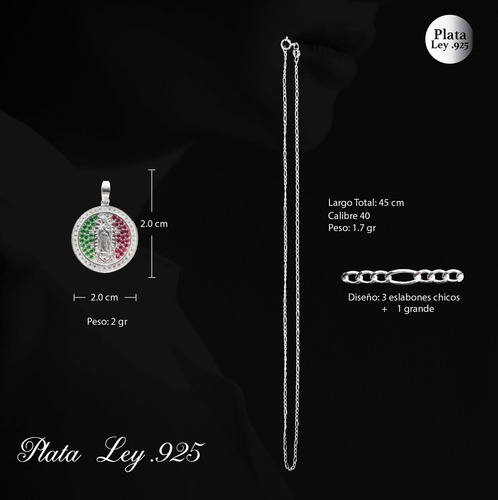 Dije De Plata Virgen De Guadalupe Con Incrustaciones De Zirconia Verdes Rojas Y Transparente Con Cadena De Plata Calibre 40 Y 45 Cm De Largo Ideal Para Regalar En Boda Bautizo Primera Comunión 15 Años