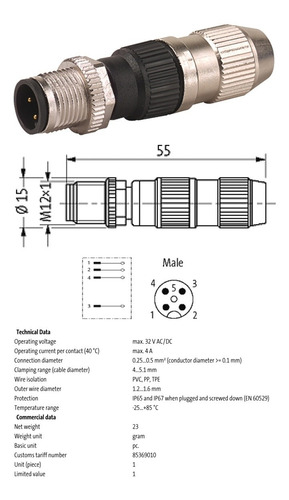 Conector Macho M12 4 Polos Mosa 7000-12481-0000000 - 10 Pcs