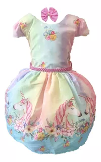 Vestido Infantil Temático Festa Unicórnio Colorido + Brinde