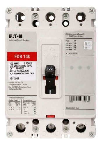 Interruptor Industrial 3 Polos 125 Amps 60 Cutler Fdb3125l