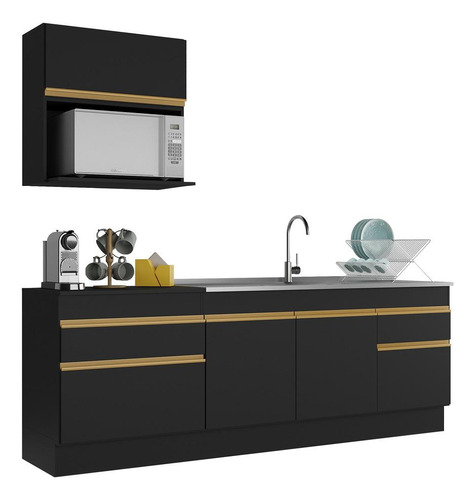 Armário De Cozinha Compacta 220cm Veneza Multimóveis V2110 Cor Preto/Dourado