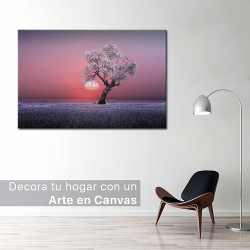 Cuadro Arbol Blanco Puesta De Sol Fondo Rosa  Canvas 90x60