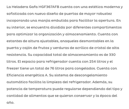 Heladera Con Freezer Gafa Hgf367afb Blanca 330 Litros