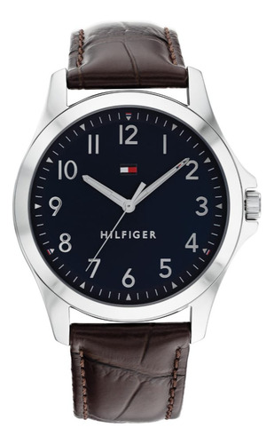Reloj Tommy Hilfiger En Piel Café 1791449 Hombre 45 Mm Bisel Plateado Fondo Azul Acero