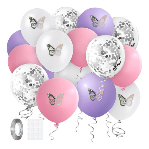 Globos De Látex Rosa Morado Y Blanco Con Mariposa 3d, 62 G.