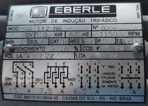 Motofreio Trifásico 4cv 6polos 220/380/440v Freio 220 Eberle