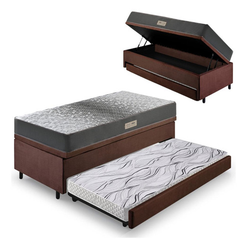 Bicama Box Baú Solteiro C/ Colchão Dual Firm Ecoflex 88x188 Cor Marrom
