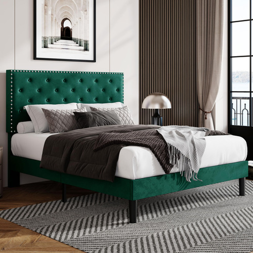 Base De Cama Matrimonial Tapizada En Terciopelo Con Botón