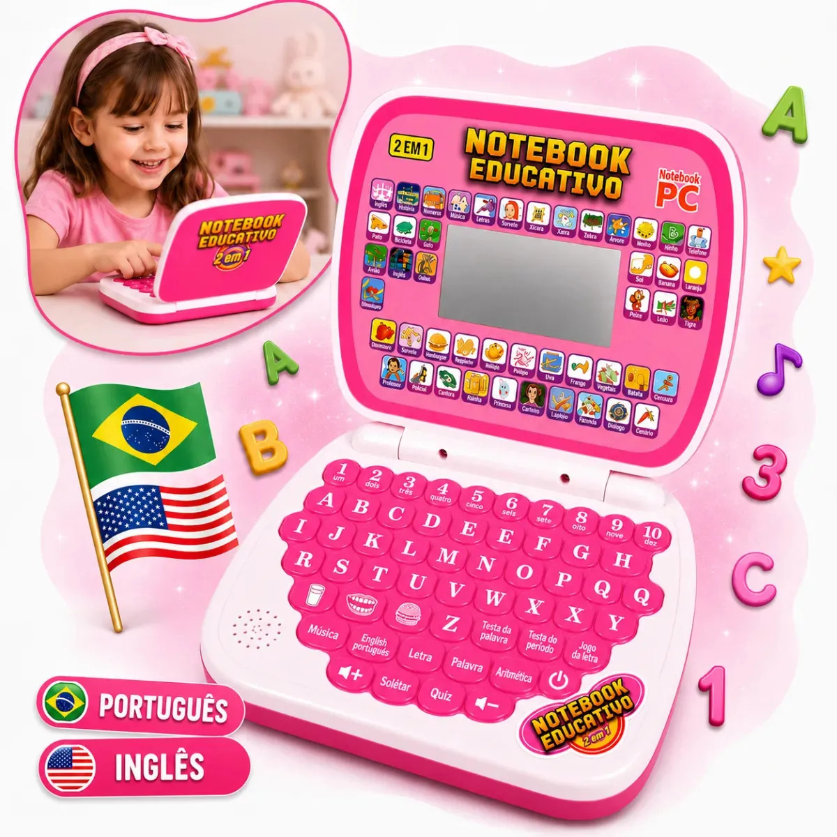Laptop Educativo Bilíngue Rosa para Crianças com Música e Jogos