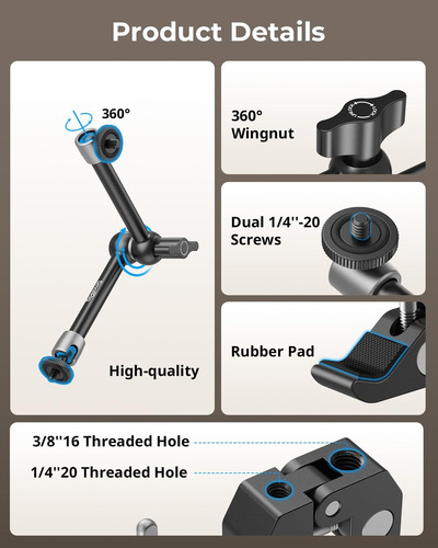 Smallrig Clamp W/ 1/4 And 3/8 Thread And 9.8 Inches Adj...