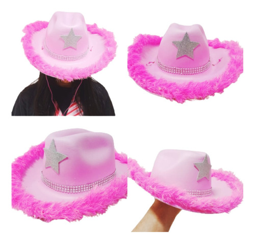  Chapéu Rosa Pluma Pom Pom Boiadeira Cowboy Cowgirl