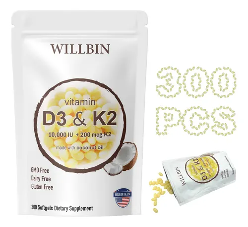 Willbin Suplemento De Vitamina D3 K2 2 En 1, 10000 Ui Vit D3