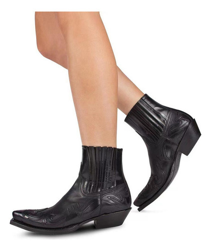 Botas Vaqueras Tacón Alto Bordadas Punta En Punta Botines