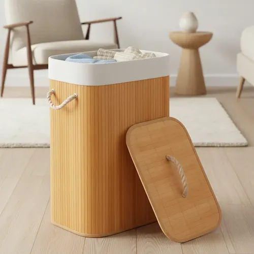 Cesto De Roupa Bambu Natural Dobrável Retangular Com Tampa E Forro 50L Espaçoso Ideal Para Organizar Roupas, Toalhas E Peças Do Dia A Dia