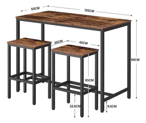 Mesa Bar De Cocina Rectangular Con 2 Bancos Portátiles