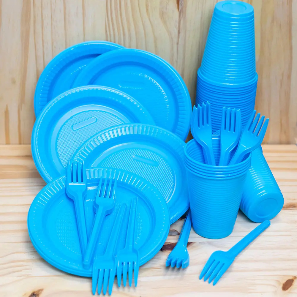 Kit Descartáveis Festas Eventos Aniversarios 50 Pessoas Prato Garfo Copo Cor Azul Claro