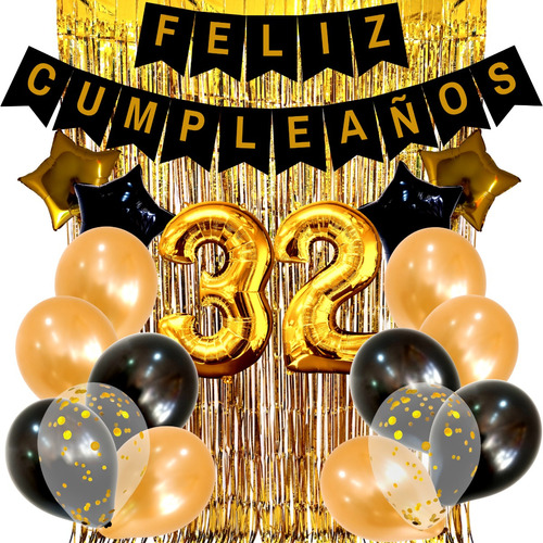 Combo Globos Cumpleaños Perlados Cristal Confeti Dorado Negr