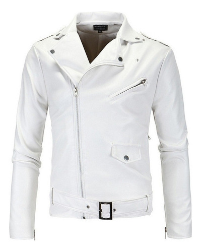 Chaquetas Moto De Cuero Pu Hombres Cremallera Casual Blanca