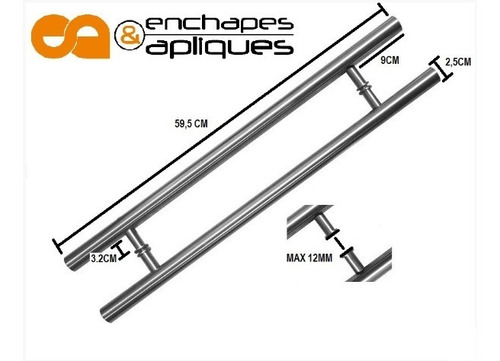 Imagen 3 de 8 de Manija Puerta Vidrio De Enfrentar Acero Inoxidable 59,5cm