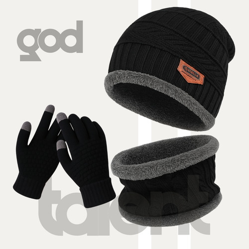 Kit Frio Touca Forrada Lã + Protetor De Pescoço + Luva Touch