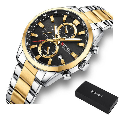 Relógio De Calendário Masculino Curren Luxury Chronograph Cor Do Fundo Silver Golden Black