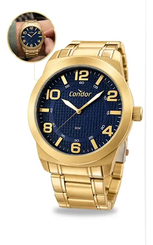 Relógio Condor Masculino Aco Dourado Prova Dagua Analógico Dourado Azul