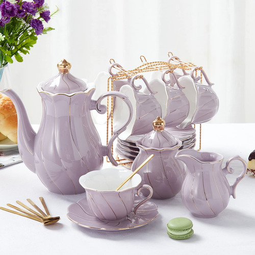 Set De Té Porcelana 22 Pzs 6 Pax Estilo Británico Lujo Borde