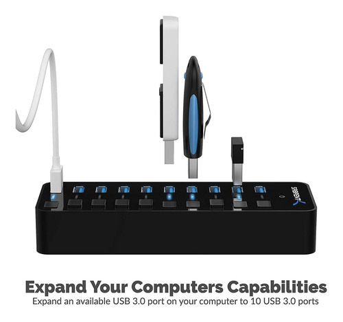 Hub Usb - Sabrent - 10 Port Usb 3.0 Switch On/off Fuente 5a