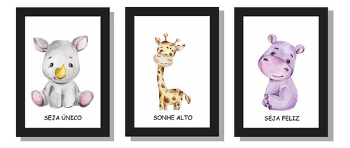 Quadros Safari Animais Para Quarto Infantil Com Frases Cor Kit 2 Preto