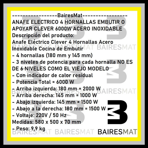 Imagen 5 de 8 de Anafe Electrico Clever 4 Hornallas 6000w Cocina Acero Inox