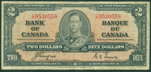 Canadá Billete 2 Dos Dólares 1937 Coyne - Towers Escaso B+