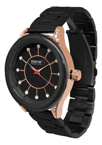 Reloj Para Mujer Análogo Steiner Anillo De Cristales 37 Mm Correa Negro Bisel Oro rosa Fondo Negro