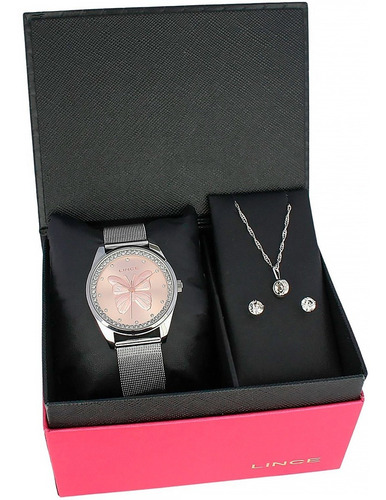 Kit Relogio Lince Feminino Prateado Lrmj146l Ko01 Borboleta Fundo Rosa