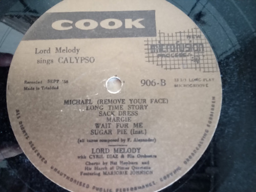 Lp Lord Melody Sings Calypso Com Cyril Diaz Orchestra (Usado)