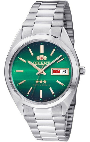 Relógio de pulso Orient Automatic 469WA3F com corpo prateado,  analógico, para masculino, fundo  verde, com correia de aço inoxidável cor prateado, agulhas cor dourado e branco, subdials de cor dourado e verde, ponteiro de minutos/segundos dourado, bisel cor prateado e dobrável