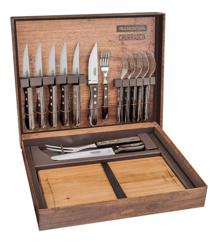Kit Churrasco Polywood 15 Pçs Lâmina Inox Tábua Tramontina