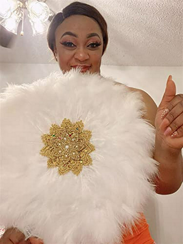 Abanico De Plumas Blancas Y Mango Dorado Para Boda O Baile N