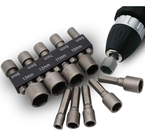 Jogo Chave Canhão Soquete Sextavado Aço Parafusadeira 9 Peças Kit Bits Sextavada Canhao Aletronix 5 6 7 8 9 10 11 13mm