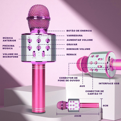 Microfone Sem Fio Bluetooth Karaokê Para Festas E Eventos Cor Rosa