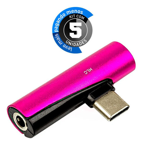 Adaptador Usb Tipo-c Para Fone Ouvido P2, Rosa - Kit Com 5