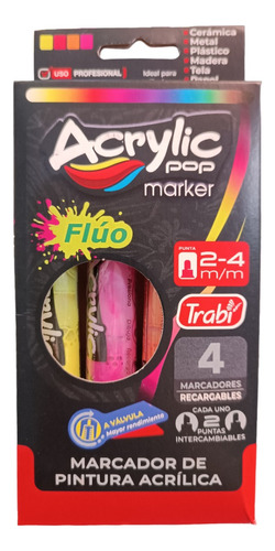 Marcador Trabi Acrylic Pop Fluo X 4u 2-4 Mm Pintura Acrílica