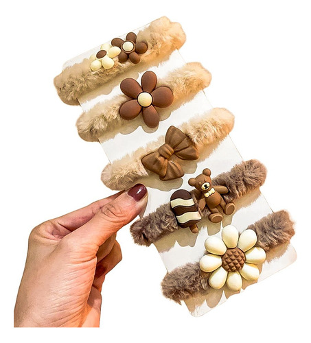 Elástico De Cabelo Xuxinha Marrom Pelúcia Prender Cabelo Ursos Flores E Laço