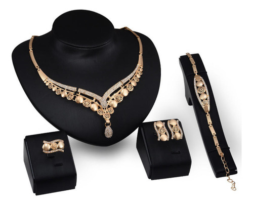 Conjunto Colar Brinco Pulseira Anel Dourado Indiano Festa