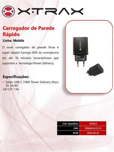 Carregador Tipo C 18w Pd Ultra Rapido Xtrax