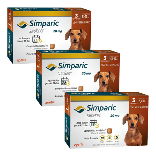 Kit Simparic 3 Cx. 3 Comp. 20 Mg Cães 5,1 Kg - 10 Kg