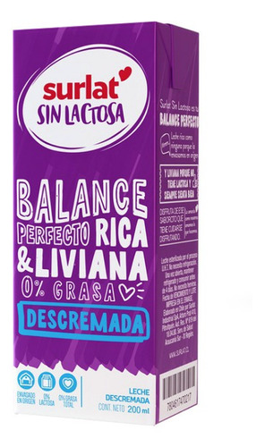 Leche Sin Lactosa Surlat Entera,descremada1lt(6unidad)-super