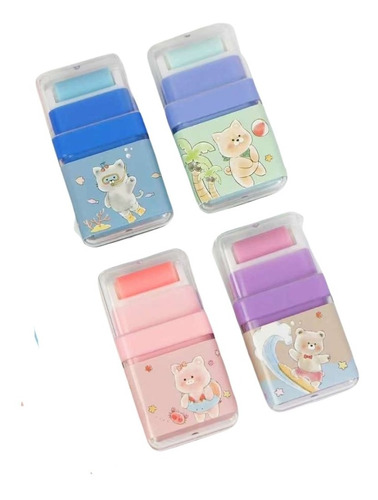 Pack 4 Gomas Para Borrar Retráctil Con Estuche Kawaii