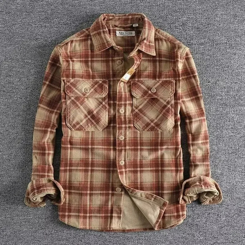 Camisa Retro A Cuadros Para Hombre, Pana, Ajuste Cómodo