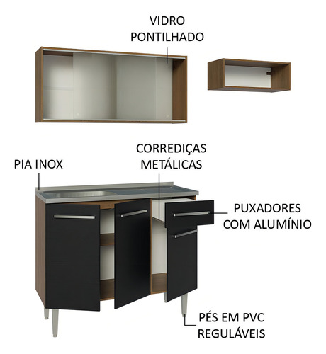 Armário Cozinha Compacta 165cm Com Pia Emilly Madesa 05 Rp Cor Rustic/Preto