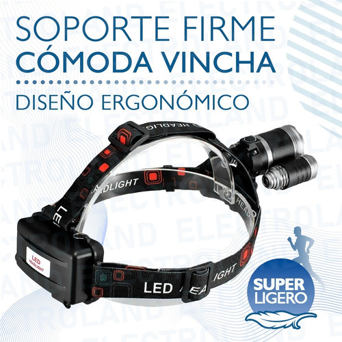 Imagen 6 de 10 de Linterna Minera Vincha Luz Led 3 Cree T6 Usb 12v Recargable